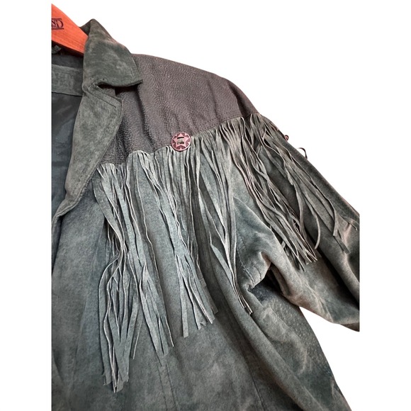 90s VTG Womens Vintage Green Suede Fringe Western Jacket Lace Up Back Size 4 / 6 - Picture 6 of 16